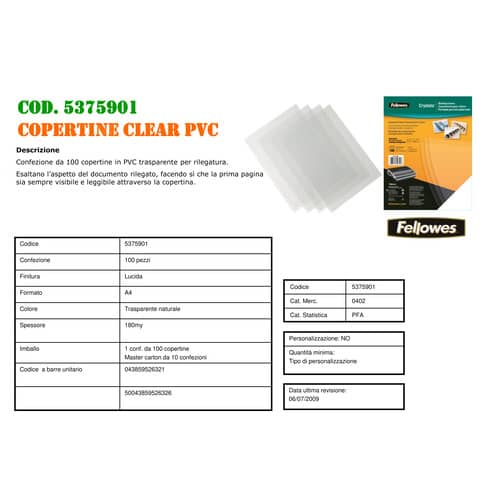 Copertine per rilegatrici FELLOWES Clear PVC A4 180my conf.100 pz - 5375901